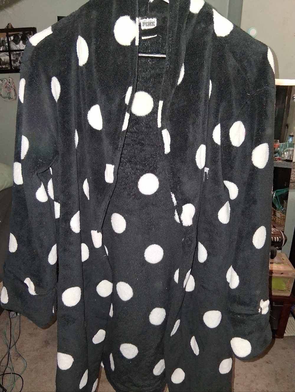 PINK Victoria's Secret Black Plush Robe with White Polka Dots
